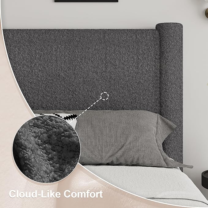King Size Bed Frame, Boucle Upholstered Platform Bed with Headboard and Footboard, Soft Rounded Corners, No Box Spring Required, Easy Assembly, Dark Grey