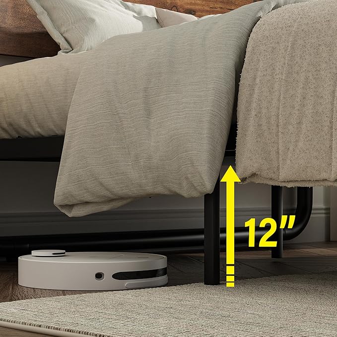 Catrimown King Size Bed Frame, Metal Rustic Bed Frame with LED Headboard, Rustic Industrial Heavy Duty Wooden Platform Bed Frame with Under Bed Storage, Noise Free, No Box Spring Needed, Black