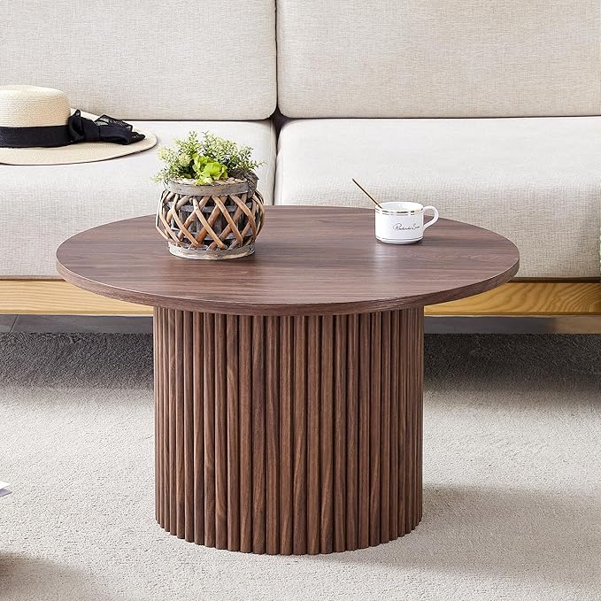 WILLIAMSPACE 27.5" Round Coffee Table with Ylindrical Leg, Modern Farmhouse Wood Circlar Center Table Accent Side End Table for Living Room Apartment, Walnut