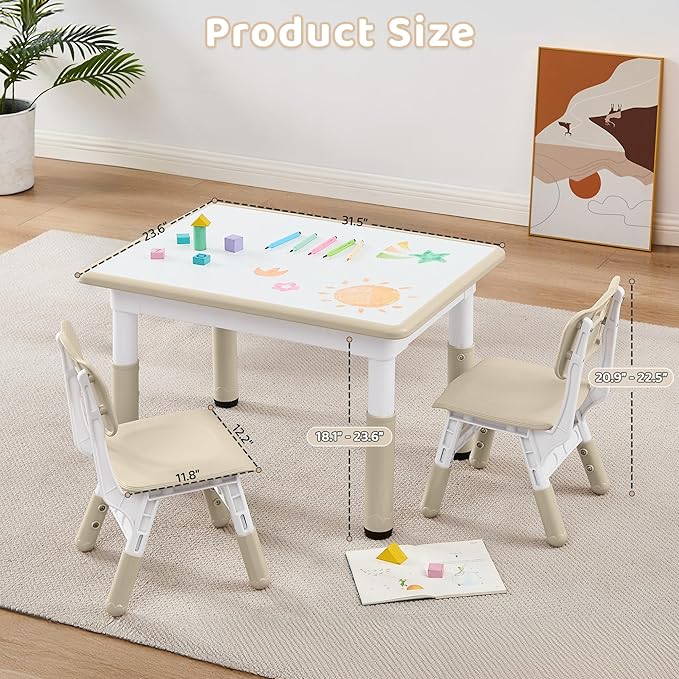 Adjustable Kids Table Chairs Set – Graffiti Desktop, Multi-Activity Height-Adjustable Toddler Study Desk for Ages 3-8 – Ideal for Home, Classroom, Daycare (B-Wood, 2 Chairs-31.5" L x 23.6" W)