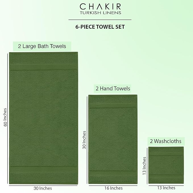 Chakir Turkish Linens 100% Cotton Premium Turkish Towels for Bathroom, 2 Large Bath Towels, 2 Hand Towels, 2 Washcloths (6-Piece Towel Set, Moss)