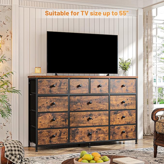 Tv Stand for Bedroom with 13 Fabric Dresser,Entertainment Center for 40,50,55 inch Tv,Dressers & Chests of Drawers for Living Room, Hallway, Entryway, Metal Frame, Rustic Brown