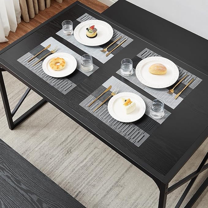 VECELO Kitchen Dining Table Set for 4 to 6, 55" Wood Dinette 2 Benches with Metal Frame for Dinner Breakfast Nook and Small Space, Black