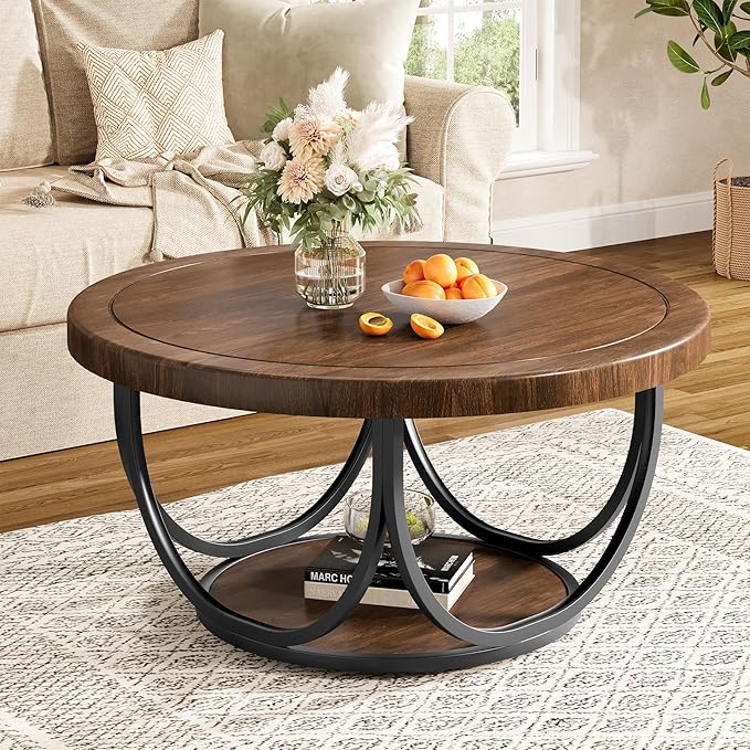 Tribesigns Round Coffee Table with 2 Tiers, 35.4" Wooden Circle Accent Cocktail Table with Storage Shelf and Metal Frame, Industrial Center Tables for Living Room, Brown & Black