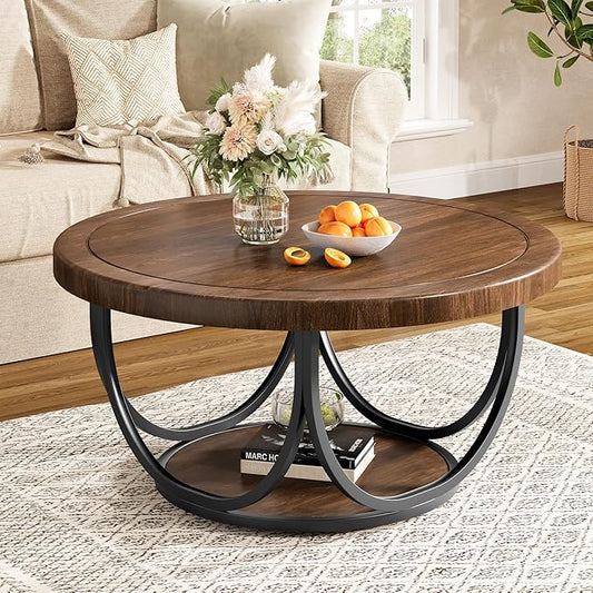 Tribesigns Round Coffee Table with 2 Tiers, 35.4" Wooden Circle Accent Cocktail Table with Storage Shelf and Metal Frame, Industrial Center Tables for Living Room, Brown & Black