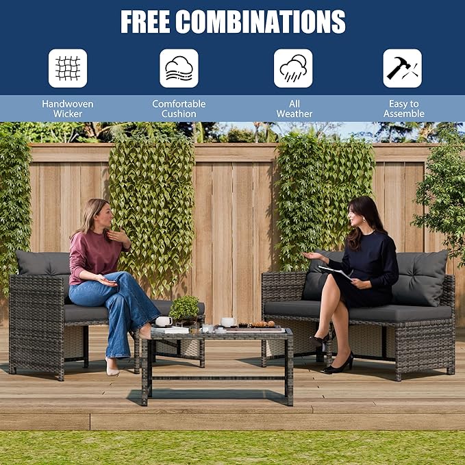 Vongrasig 3 Piece Patio Furniture Sets, All-Weather Wicker Outdoor Sofa Couch Sectional Set, Small Conversation Set for Patio, Garden w/Cushion, Glass Table, (Grey)