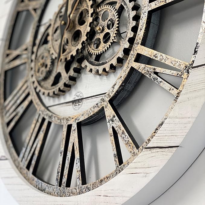 The Gears Clock The Original Real Moving Gear Wall Clock Vintage Industrial Oversized Rustic Farmhouse (24 inch (60cm),White Farmhouse)
