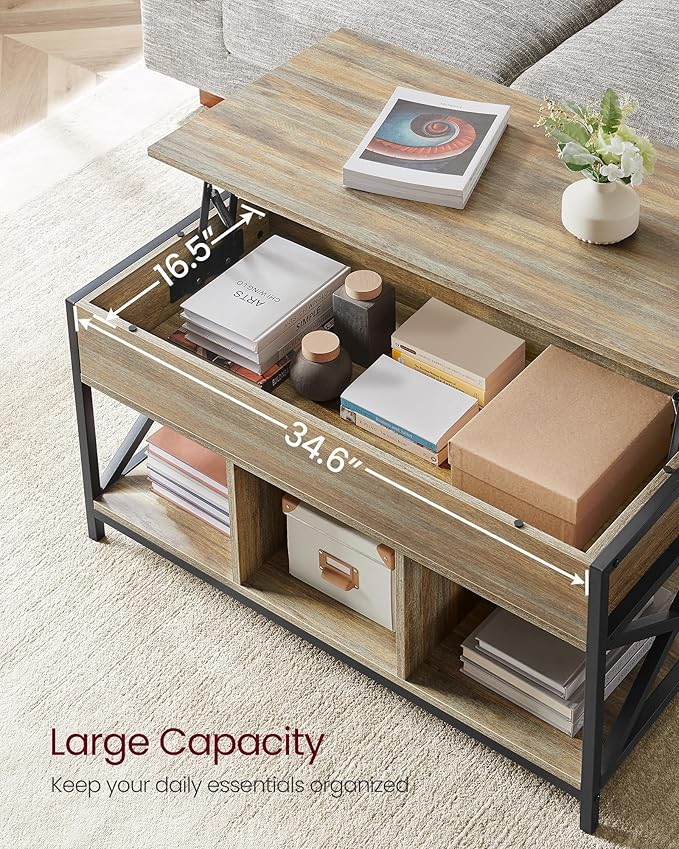 VASAGLE Lift Top Coffee Table, Lift Coffee Table with Storage Shelf, Hidden Compartments and Lifting Top, for Living Room, Office, 19.7 x 39.4 x (19.3-24.4) Inches, Oak with Blue Grains ULCT202B60