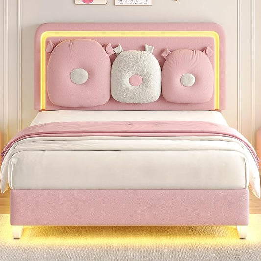 Full Size Upholstered Bed Frame with LED Lights, Girls Bed with Adjustable Chic Double Headboard, Boucle Princess Platform Bed for Girls, Solid Wood Slats Support, No Box Spring Needed, Pink