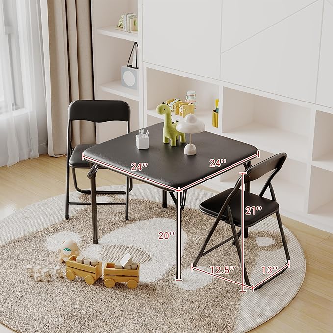 GarveeHome Boys and Girls Folding Table and Chair Set of 3, Featuring a Portable Table and Chairs with Soft Pu Cushions. No Assembly is Required, Perfect for Eating, Reading and Playing, Black.