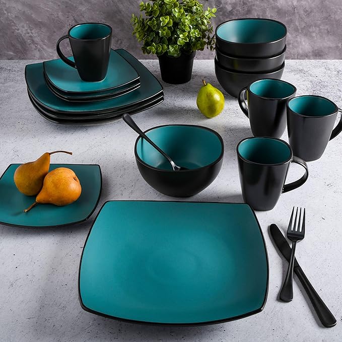 Gibson Elite Soho Lounge Square Reactive Glaze Stoneware Dinnerware Set, Service for 4 (16pc), Matte Jade