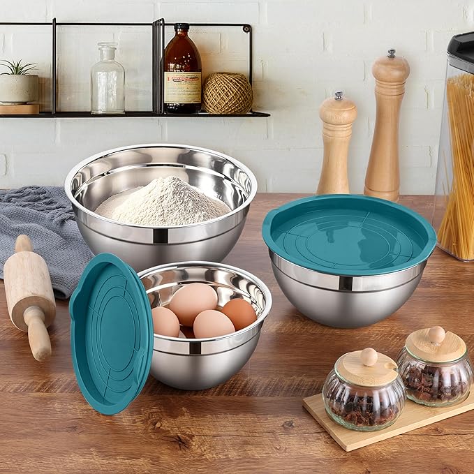 LIANYU Mixing Bowls Set with Airtight Lids, Stainless Steel Large Metal Kitchen Bowls Set of 3, Dishwasher & Freezer Safe, 1.5QT & 3QT & 4.6QT, Blue