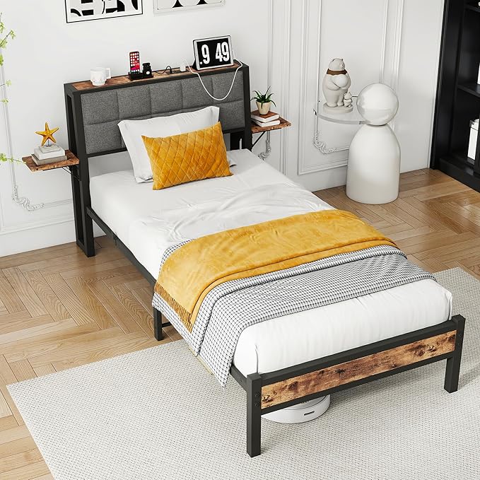 Twin Bed Frame with Storage Headboard,Upholstered Platform Bed Frame Twin with Charging Station and Bedside Shelf,Heavy Duty Metal Slats,Under Bed Storage,No Box Spring Needed,Noise Free,Grey