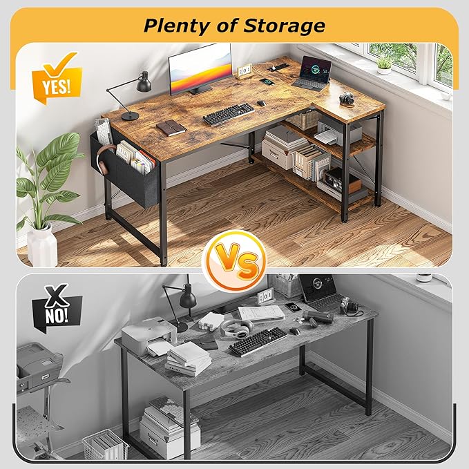 EnHomee Small Computer Desk with Storage Shelves & Side Bag, 40 Inch L Shaped Gaming Desk with Power Outlets, Corner Desk Study Writing Table for Home Office Bedroom Living Room, Brown