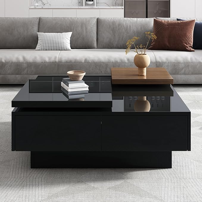 WILLIAMSPACE 31.5" Movable Top Coffee Table with 4 Hidden Storage Drawers & High Gloss Finish, Modern Square Wood Center Table Accent Side End Tea Table for Living Room, Black