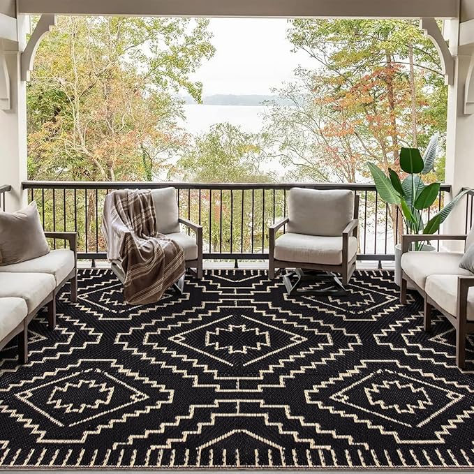 Wonnitar 8x10 Outdoor Rug, Large Waterproof Reversible Plastic Straw Rug for Patios, Indoor/Outdoor Area Rug Lightweight Camping Rug for Outside RV Balcony Garden Deck (Black & Beige,8'x10')