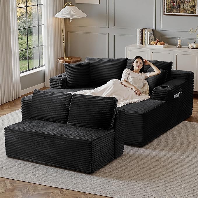 104''Sectional Cloud Couch with L Shaped Chaise,Modern Modular Sectional Sofa,Boneless Couch with Deep Seat,Comfy Couches for Living Room (Black, U Shaped)