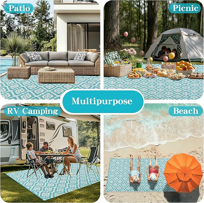 Wallona Outdoor Rugs 9x12 ft Patio Waterproof Clearance Indoor Outdoor Large Carpet for Patio Plastic Straw Reversible Area Rugs Mat for RV, Camping, Balcony, Beach, Picnic, Porch, Brick Green & White
