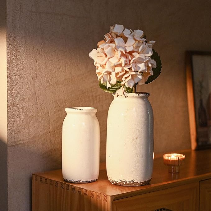 VICTOR & TERESA Rustic Large White Vase for Home Decor, 10'' Tall Ceramic Vases for Flowers, Farmhouse Decorative Vases for Pampas Grass, Table, Mantel, Living Room, Centerpieces