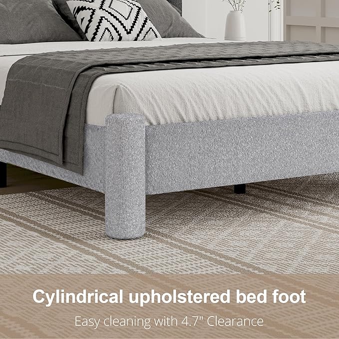 Twin Size Bed Frame, Boucle Upholstered Platform Bed with Headboard and Footboard, Soft Rounded Corners, No Box Spring Required, Easy Assembly, Light Grey