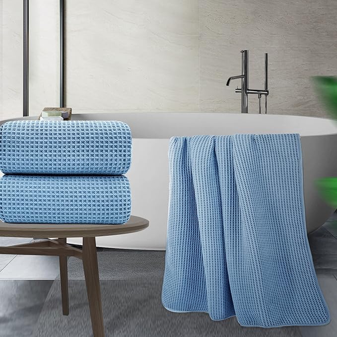 POLYTE Microfiber Quick Dry Lint Free Bath Sheet, 70 x 35 in, Set of 2 (Blue, Waffle Weave)