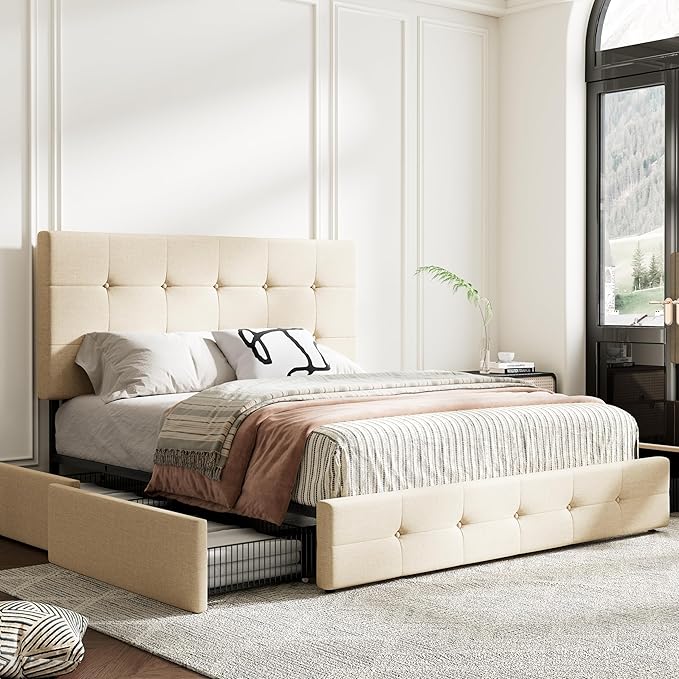MUTICOR Full Size Bed Frame with 4 Storage Drawers, Upholstered Platform Bed with Button Tufted Adjustable Headboard, No Box Spring Needed, Easy Assembly, Square Tufted, Beige Fabric