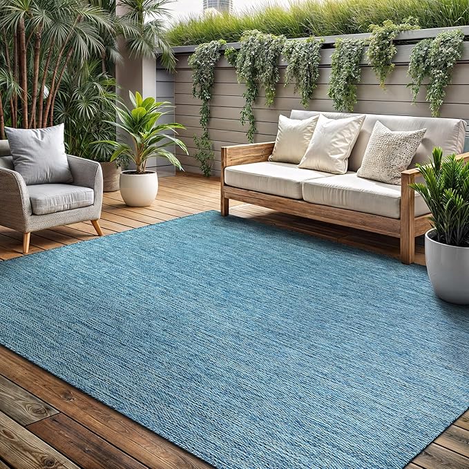 Washable Indoor Outdoor Rug Weather Resistant Carpet Modern Solid for Porch Deck Balcony Backyard Patio Rug 10x14 Aqua Blue