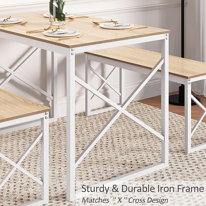 VECELO Kitchen Table with 2 Benches for 4, 43.3'' Wood Dining Room Dinette Sets with Metal Frame for Breakfast Nook and Small Space, Oak