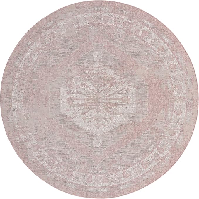 Unique Loom Outdoor Traditional Collection Area Rug - Valeria (13' Round Pink/Ivory)