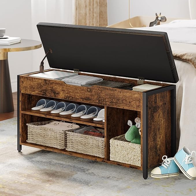 Shoe Bench, Lift Top Shoe Storage Bench, Adjustable Shelf Entryway Bench, Metal and Wood Shoe Rack Organizer with Cushion for Entry, Bedroom, Closet, Living Room, Hallway (Brown, 39.5)