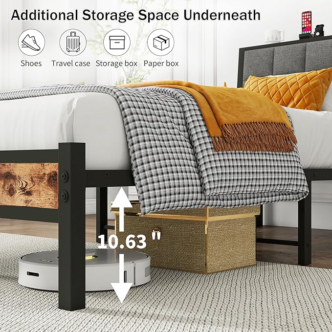 Full Size Bed Frame with Headboard,Metal Platform Bed Frame Full with Storage and USB Charging Station,Upholstered Bed Frames with Metal Slat Support/No Box Spring Needed/ Under Bed Storage/Noise Free