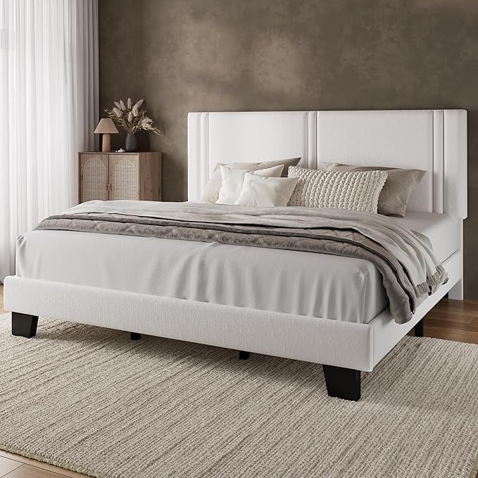 iPormis King Platform Bed Frame with Velvet Upholstered Headboard & Thickened Legs, Mattress Foundation with Solid Wooden Slats Support, No Box Spring Needed, Noise Free, White