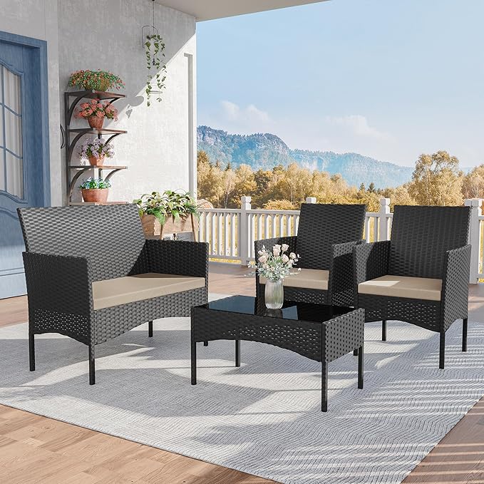 Kurapika Patio Furniture Set 4 Pieces Outdoor Wicker Rattan Chairs Conversation Sets w/Coffee Table, Rocking Bistro Set, for Deck,Patio,Backyard,Lawn (Sand)