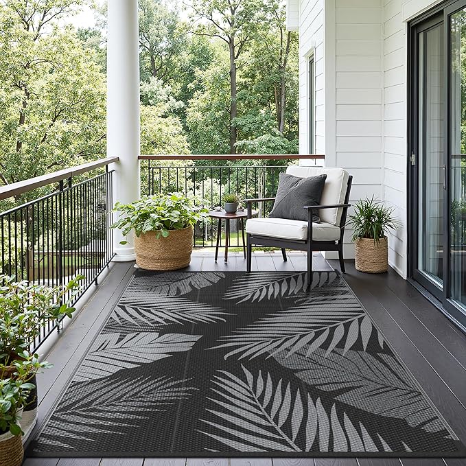 Outdoor Rug 5’x8’ Waterproof for Patio Clearance, Reversible Indoor Outdoor Plastic Straw Camping Rug Carpet, RV Mat, Large Area Rug for Deck, Backyard, Balcony, Porch, Beach, Black & Grey