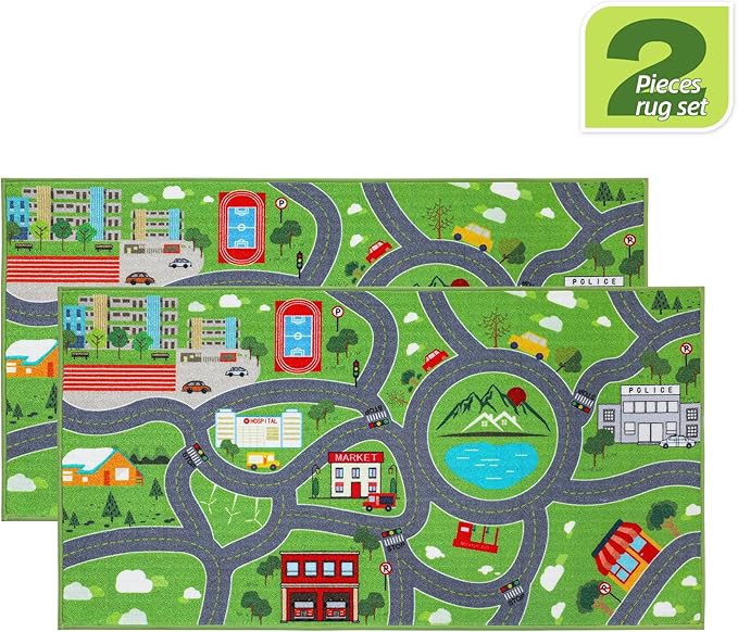 BEQHAUSE Kids Play Mat 2pcs, Green City Traffic Road Kids Room Rug Great for Playing with Cars, 32”x60” Play Area Rug Car Rugs for Children's Bedroom, Toddler Classroom and Baby Playroom