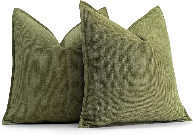 ZWJD Olive Green Pillow Covers 26x26 Set of 2 Chenille Throw Pillow Covers with Elegant Design Soft and Luxurious Decorative Throw Pillows for Couch, Bed, and Home Decor