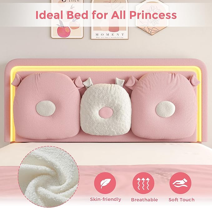 Queen Size Upholstered Bed Frame with LED Lights, Girls Bed with Adjustable Chic Double Headboard, Boucle Princess Platform Bed for Girls, Solid Wood Slats Support, No Box Spring Needed, Pink
