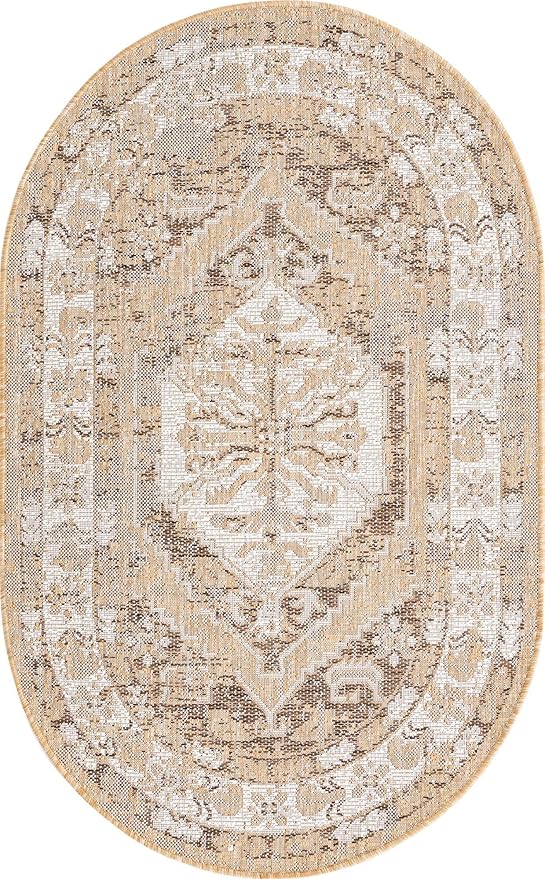 Unique Loom Outdoor Traditional Collection Area Rug - Valeria (3' 1" x 5' 3" Oval, Natural/ Ivory)