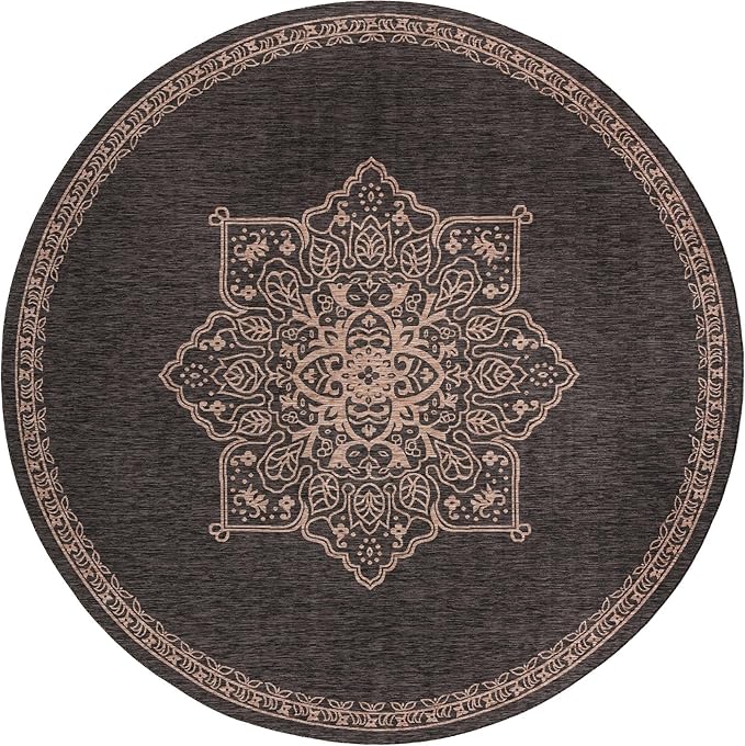 Unique Loom Outdoor Traditional Collection Area Rug - Antique (Round 13' 0" x 13' 0", Charcoal Gray/Natural)