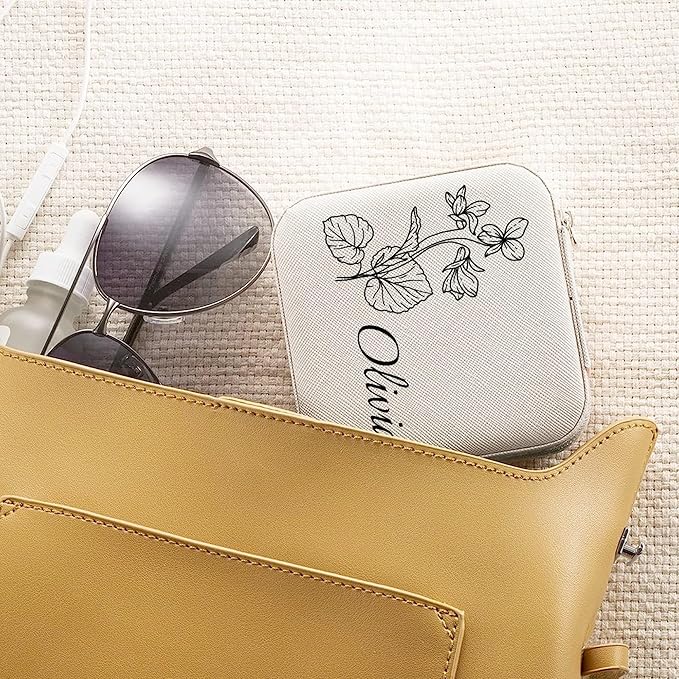 Personalized Jewelry Boxes for Women, Custom Travel Jewelry Case with Name and Birth Flower Month, Portable Jewelry Box Organizer for Mom Birthday Gifts (Not customizable)