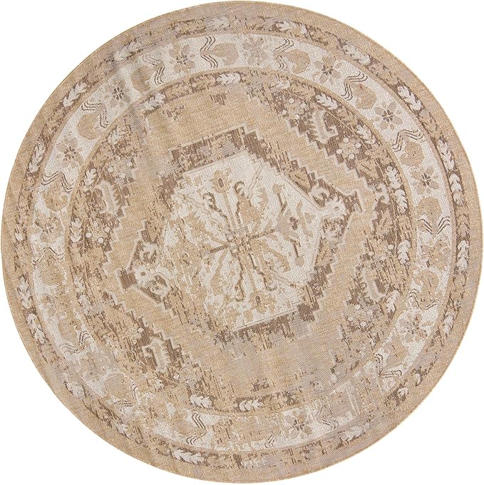 Unique Loom Outdoor Traditional Collection Area Rug - Valeria (7' 10" Round, Natural/ Ivory)