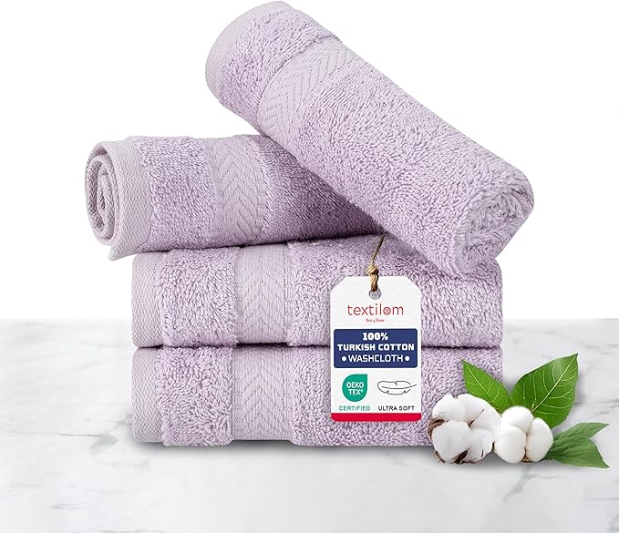 TEXTILOM 100% Turkish Cotton 4 Piece Luxury Washcloth Towel Set for Bathroom, Super Soft & Highly Absorbent & Quick Dry for Face and Hand- Lilac