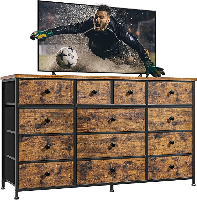 Tv Stand for Bedroom with 13 Fabric Dresser,Entertainment Center for 40,50,55 inch Tv,Dressers & Chests of Drawers for Living Room, Hallway, Entryway, Metal Frame, Rustic Brown
