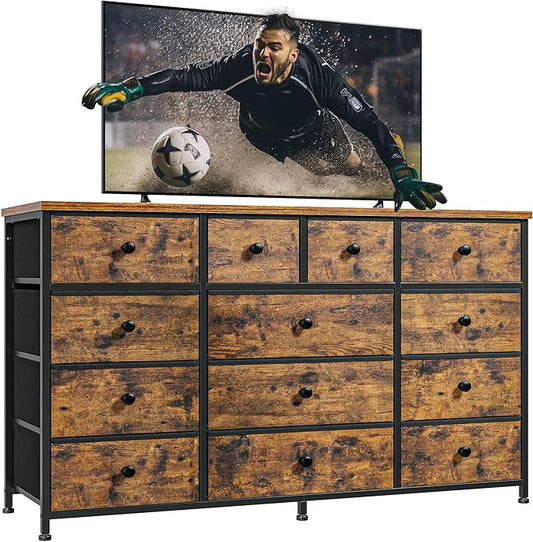 Tv Stand for Bedroom with 13 Fabric Dresser,Entertainment Center for 40,50,55 inch Tv,Dressers & Chests of Drawers for Living Room, Hallway, Entryway, Metal Frame, Rustic Brown