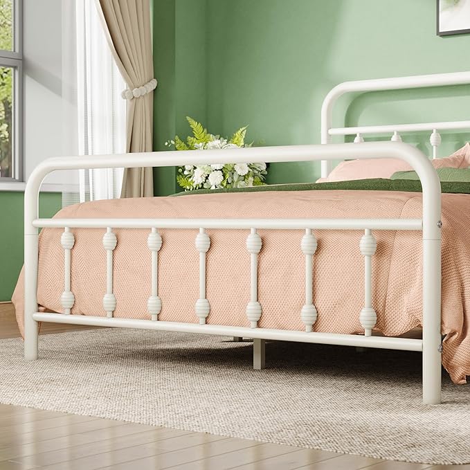 Allewie 14 Inches Full Size Metal Platform Bed Frame with Victorian Style Iron-Art Headboard/Footboard, Mattress Foundation, Easy Assembly, Under Bed Storage, No Box Spring Required, White