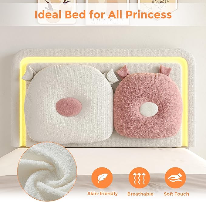 Twin Size Upholstered Bed Frame with LED Lights, Girls Bed with Adjustable Chic Double Headboard, Boucle Princess Platform Bed for Kids/Girls, Solid Wood Slats Support, No Box Spring Needed, Beige