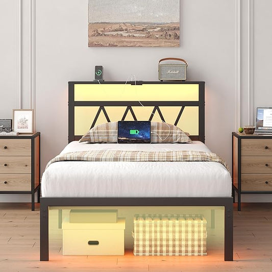 Full Bed Frame with Smart LED Lights, Storage Headboard and USB Charging Station,Heavy Duty Wooden Slats, No Box Spring Needed, Noise Free, Easy Assembly (Classic Black, Twin)