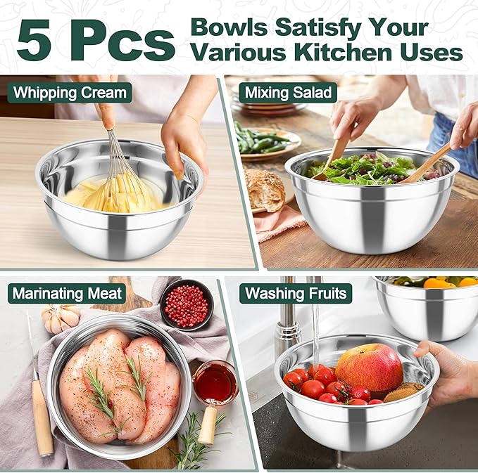 TeamFar Mixing Bowls, Stainless Steel Salad Serving Bowl with Clear Lids & 3 Graters, For Kitchen Cooking Prepping Storing, Size 4.6/2.6/1.5/1/0.7 QT, Nesting & Airtight, Set of 5 & Black