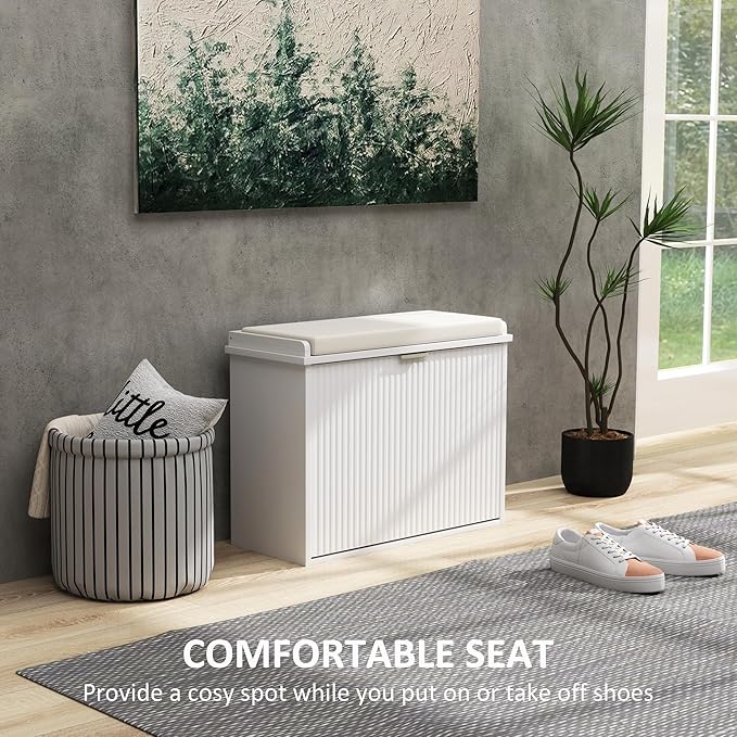 HOMCOM Narrow Shoe Bench with Padded Seat Cushion and Flip-Drawer, Small Entryway Bench Holds up to 265lb, Shoe Cabinet, 24.4x10.2x18.7 Inches, White