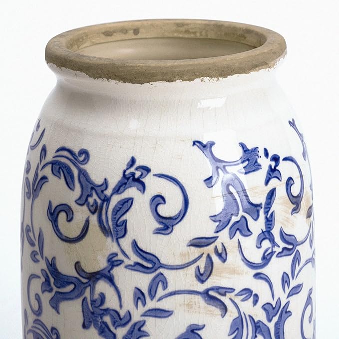 VICTOR & TERESA Rustic Large Blue and White Vase for Home Decor, 10'' Tall Ceramic Vases for Flowers, Farmhouse Decorative Vases for Pampas Grass,Table, Mantel, Living Room, Centerpieces